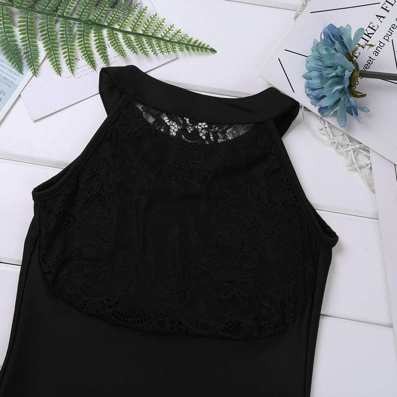 [AUSTRALIA] - Agoky Kids Big Girls' Ballet Dancewear Leotard Gymnastics Sleeveless Halter Floral Lace Back Camisole Bodysuit Black 8/10 