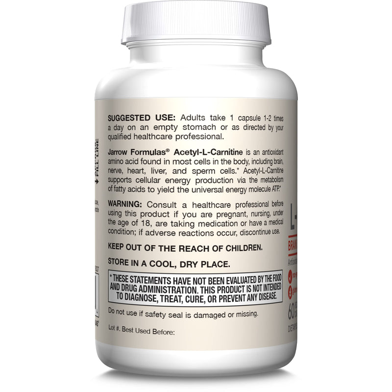 Jarrow Formulas Acetyl L-Carnitine Capsules - 500 mg - 60 Count - for Brain Health & Fatty Acid Metabolism - Vegetable Capsules - Non-GMO - Gluten Free 60 Servings (Pack of 1) - BeesActive Australia