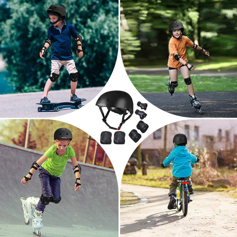 KAMUGO Kids Adjustable Helmet, with Sports Protective Gear Set Knee Elbow Wrist Pads for Toddler Age 5-8 Boys Girls, Bike Skateboard Hoverboard Scooter Rollerblading Helmet Set Black - BeesActive Australia