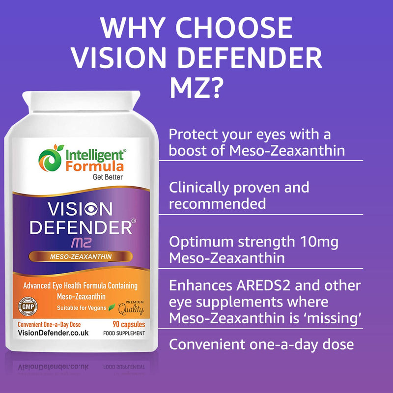 Meso Zeaxanthin Supplement - VISION DEFENDER MZ � High Strength Eye Vitamins Nutrients & Antioxidant Carotenoid for Ocular Health, Eye Care & Eyesight Support �Vegan (90 capsules/One-A-Day) Made in UK - BeesActive Australia