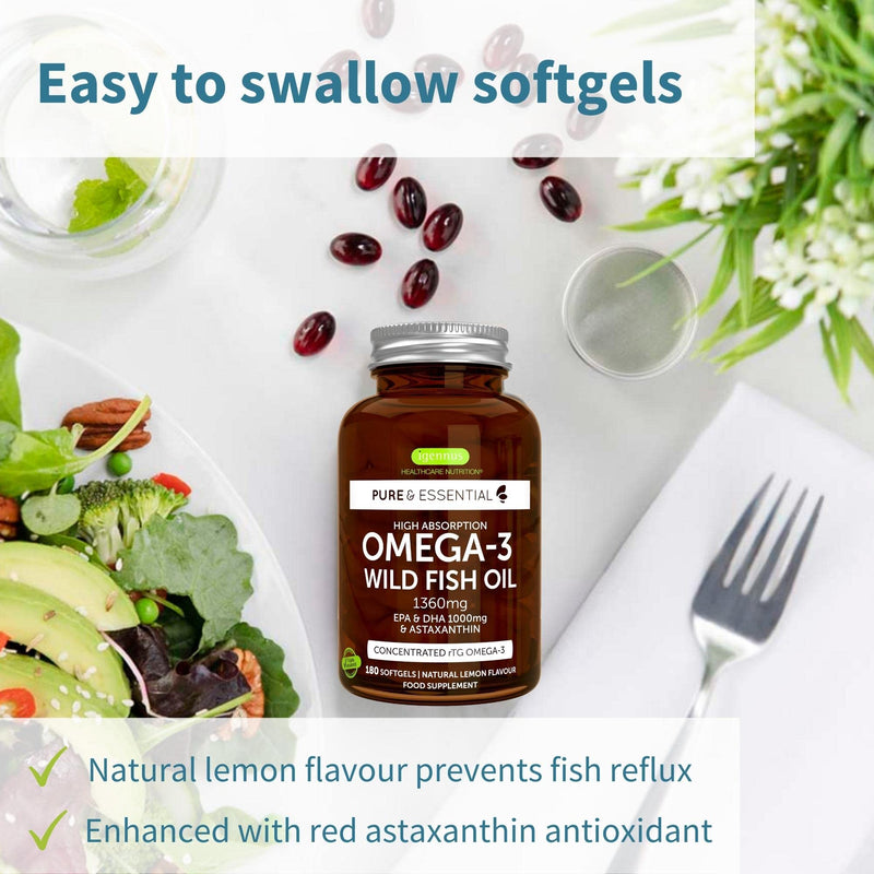Omega-3 Wild Fish Oil & Astaxanthin, The Most Advanced High Absorption rTG Omega-3, EPA & DHA 1000mg, Ultra Pure; Free from Environmental Toxins, Lemon Flavour, 180 Softgels, by Igennus - BeesActive Australia