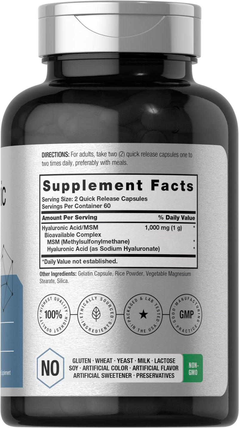 Hyaluronic Acid with MSM | 1000 mg | 120 Capsules | Non-GMO and Gluten Free Supplement | Bioavailable Formula | by Horbaach - BeesActive Australia