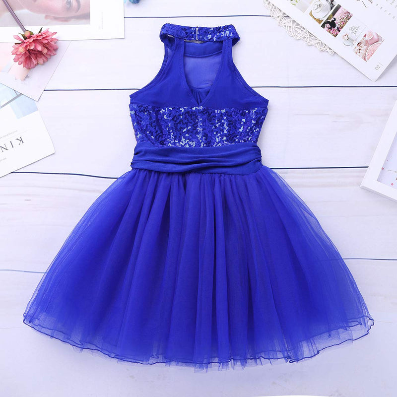 [AUSTRALIA] - JEATHA Kids Girls Shiny Sequins Sleeveless Mock Neck Ballet Dance Ice Roller Skating Dress Dancewear Keyhole Cutout Back Blue 8 / 10 