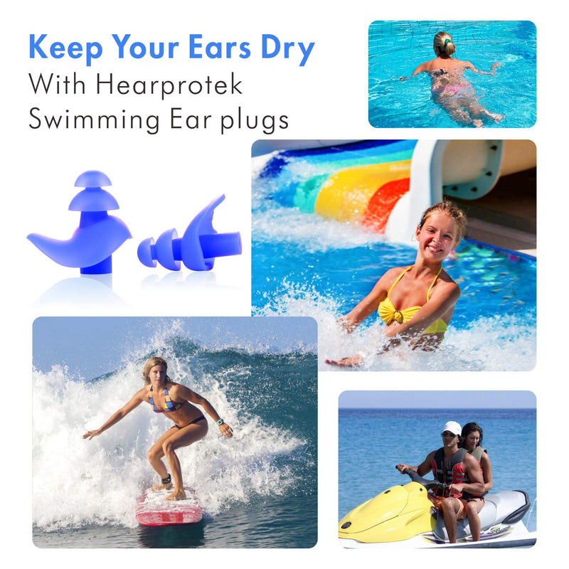 Upgraded Design Silicone Swimming Earplugs, Hearprotek 2 Pairs Waterproof Reusable Ear Plugs for Swimming Showering Bathing Surfing and Other Water Sports Adult Size Blue - BeesActive Australia