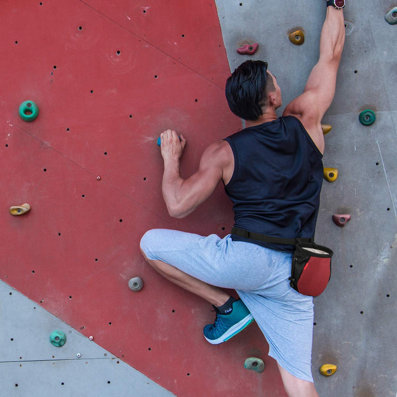 Rhino Valley Chalk Bag，No Leak Rock Climbing Strawstring Bag Drawstring Magnesia Sack with Adjustable Belt Carabiner for Gymnastics, Rock Climbing, Bouldering, Weight-Lifting, Crossfit Black & Red - BeesActive Australia