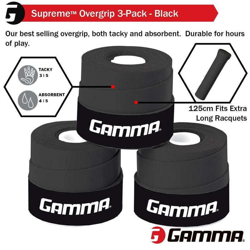 Gamma Sports Supreme Overgrip, for Tennis, Pickleball, Squash, Badminton, and Racquetball, Durable and Absorbent, Easy to Apply, Various Colors 3 Pack Black - BeesActive Australia