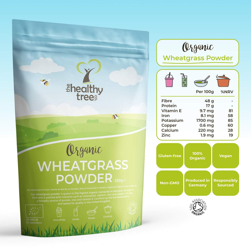 Organic Wheatgrass Powder by TheHealthyTree Company - High in Fibre, Vitamin E, Potassium and Iron - Pure Vegan Wheat Grass from Germany, Perfect in Green Juices (250g) 250 g (Pack of 1) - BeesActive Australia