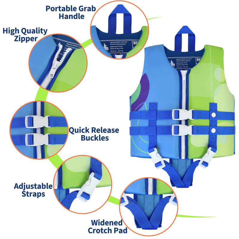 Wenlia Kids Swim Vest, Childrens Swimming Float Jacket Neoprene Swimsuit, Girls Boys Float Vest Buoyancy Swimwear for Learn to Swim/3-8Years/29-57KG Blue-Green Small - BeesActive Australia