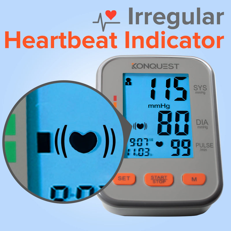 Konquest KBP-2704A Automatic Upper Arm Blood Pressure Monitor - Adjustable Cuff - Large Backlit Display - Irregular Heartbeat Detector - Tensiometro Digital… Gray - BeesActive Australia