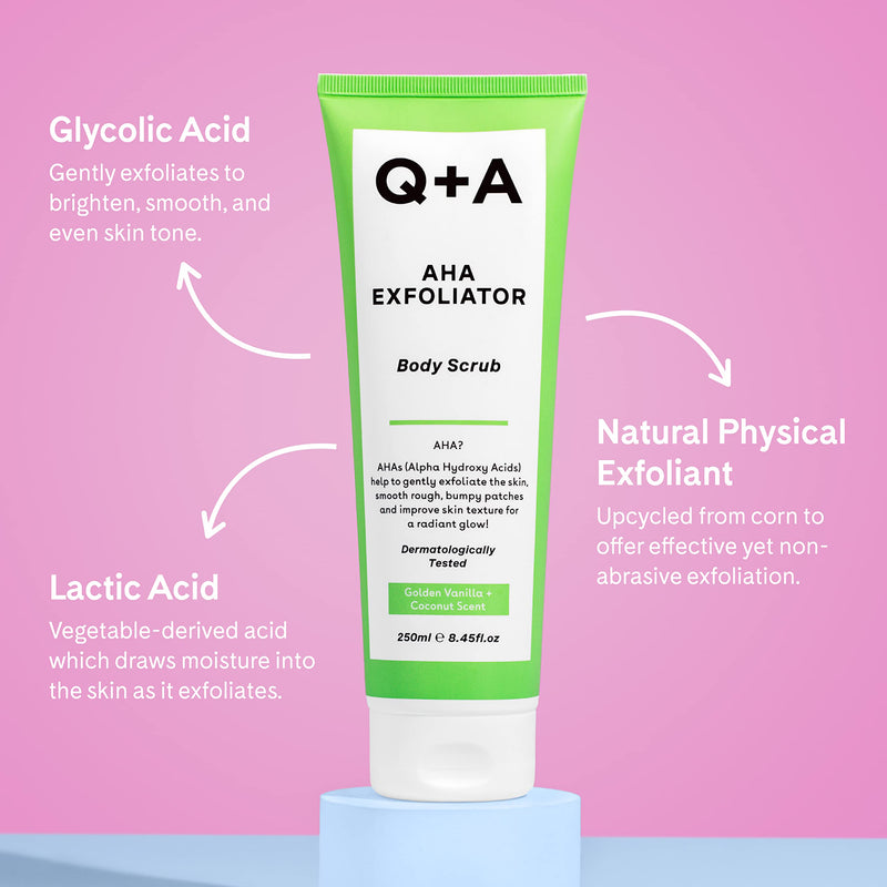 Q+A AHA Exfoliator Body Scrub for Rejuvenating Body Care, a blend of AHA�s Lactic Acid and Glycolic Acid combined with exfoliants, improves skin texture and promotes soft and supple skin, 250ml - BeesActive Australia