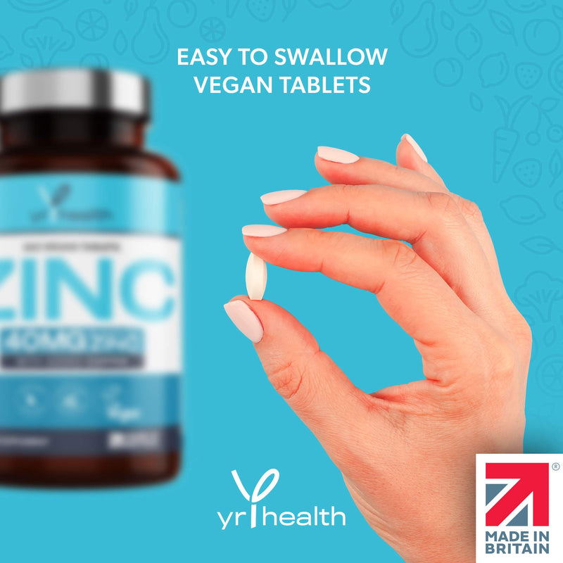 Vegan Zinc Tablets High Strength 40mg - 365 Premium Zinc Gluconate Tablets - Zinc Supplements, 12 Month's Supply - Zinc and Copper Supplement - Zinc 40mg - Made in The UK by YrHealth - BeesActive Australia