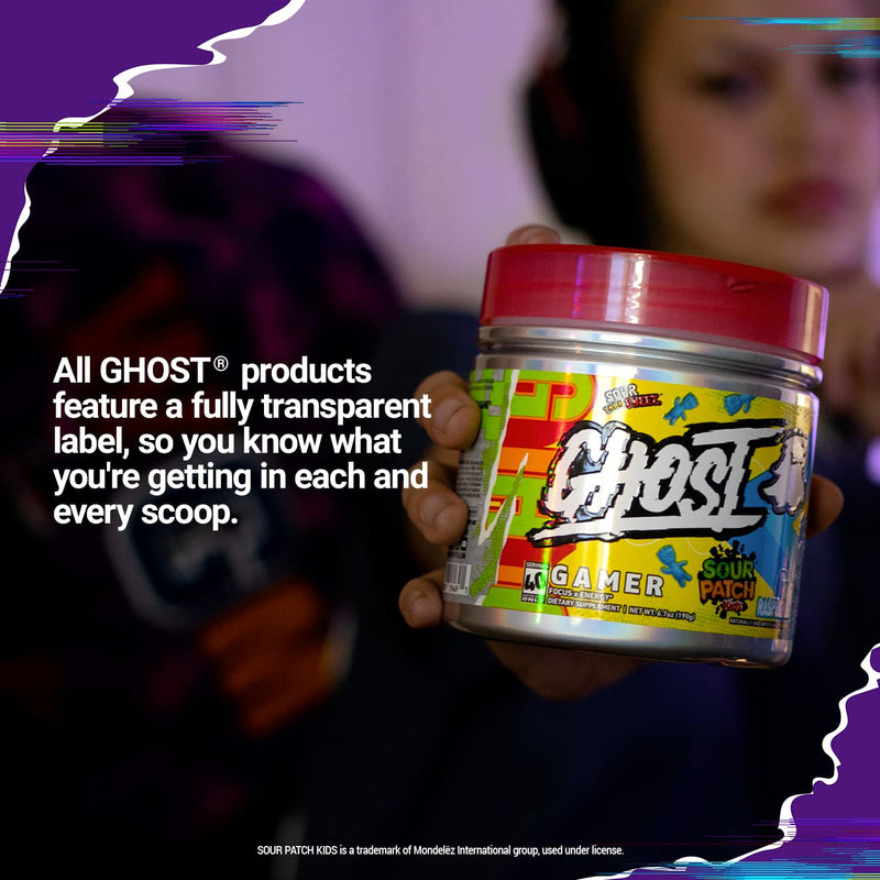 GHOST Gamer: Energy and Focus Support Formula - 40 Servings, Sour Patch Kids Blue Raspberry - Nootropics & Natural Caffeine for Attention, Accuracy & Reaction Time - Vegan, Gluten-Free - BeesActive Australia