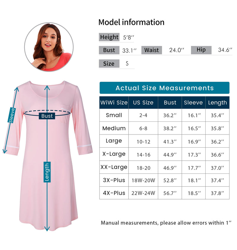 WiWi Women's Nightgowns Soft Bamboo Pajamas 3/4 Sleeves Sleep Shirt Lightweight Nightshirts Plus Size Sleepwear S-4X A-black Large - BeesActive Australia