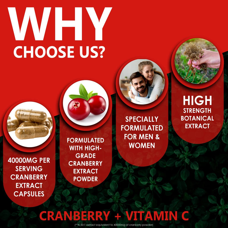 Earth BOTANIC Organic Cranberry Capsules 40,000mg High Strength | 150 Concentrated Pills Cranberry Extract Complex with Vitamin C Supplements - BeesActive Australia