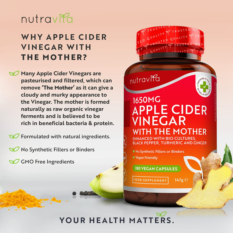Raw Apple Cider Vinegar 1650MG with The Mother - High Strength - 180 Vegan Capsules (Not Tablets) - Boosted with Turmeric, Black Pepper & Ginger - Perfect for Keto Diet - Made by Nutravita 180 Count (Pack of 1) - BeesActive Australia