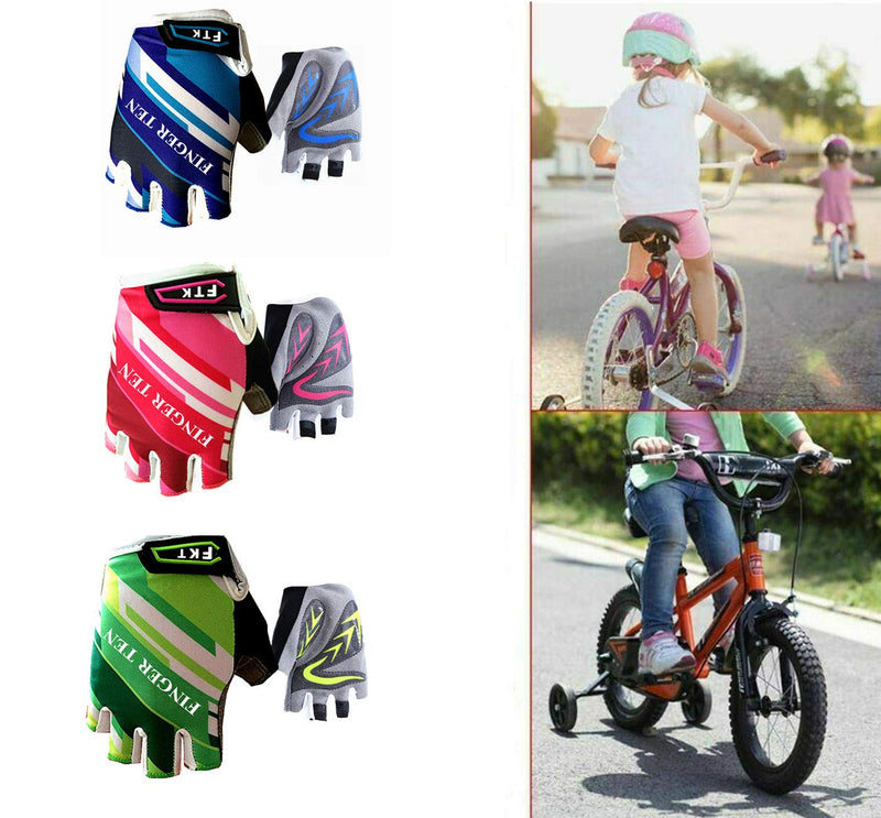 Kids Junior Cycling Gloves Outdoor Sport Road Mountain Bike, Fit Boy Girl Youth Age 2-10, Gel Padding Bicycle Half Finger Pair Blue X-Large - BeesActive Australia