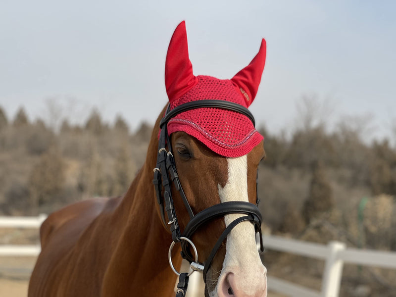 TGW RIDING Horse Ear Bonnet/Net/Hat/Horse Hood/Mask Horse Veil Horse Ear Bonnet Full Red - BeesActive Australia