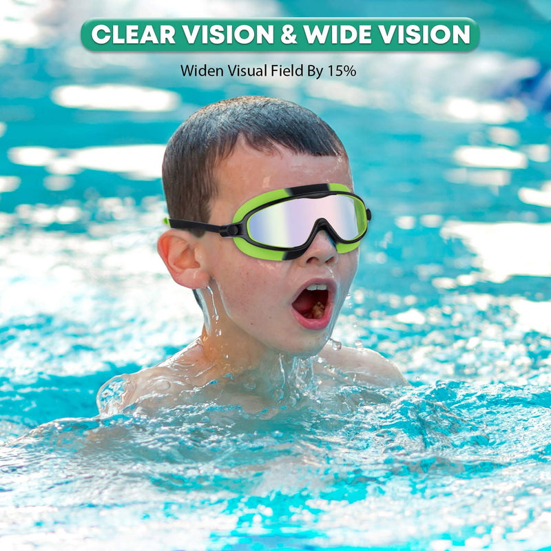 Portzon Wide View Swim Goggles, Unisex-Child Anti Fog Clear No Leaking Swimming Goggles Dazzle Green - BeesActive Australia