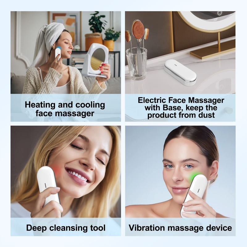 Electric Face Massager, Portable Hot and Cold Facial Massage Tools for Skin Care, Heating and Cooling Device with Multi-Color and Vibration, Deep Cleansing Tool with Base, Gifts for Women (White) White - BeesActive Australia