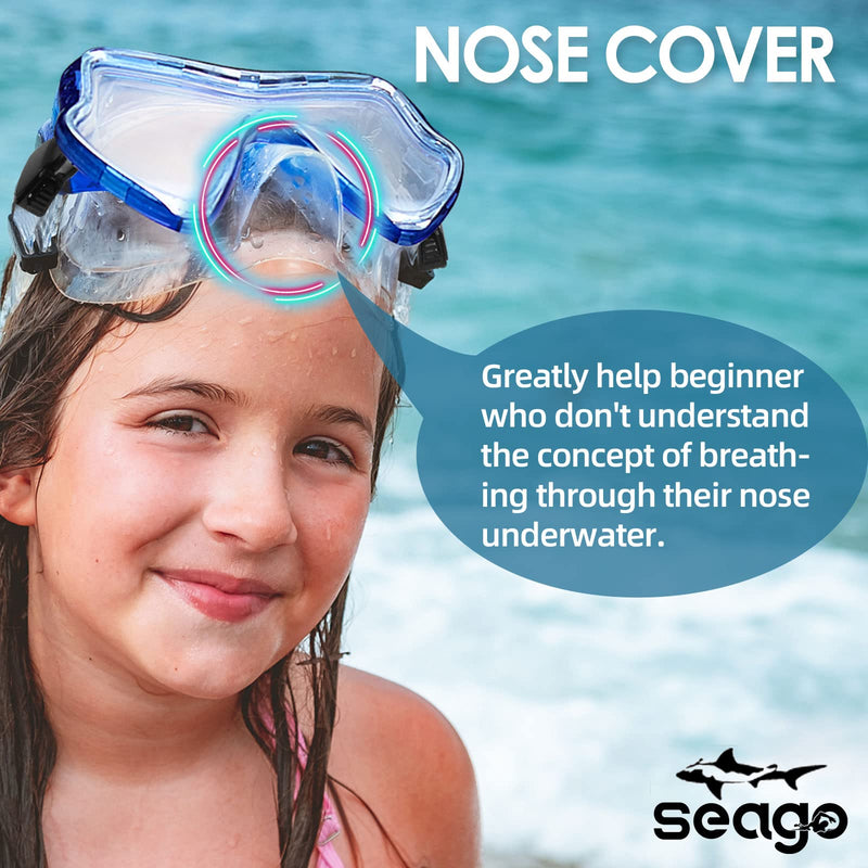 Seago Kids Swim Goggles Snorkel Diving Mask with Nose Cover for Youth Teens Anti-Fog Clear View Transparent-blue - BeesActive Australia