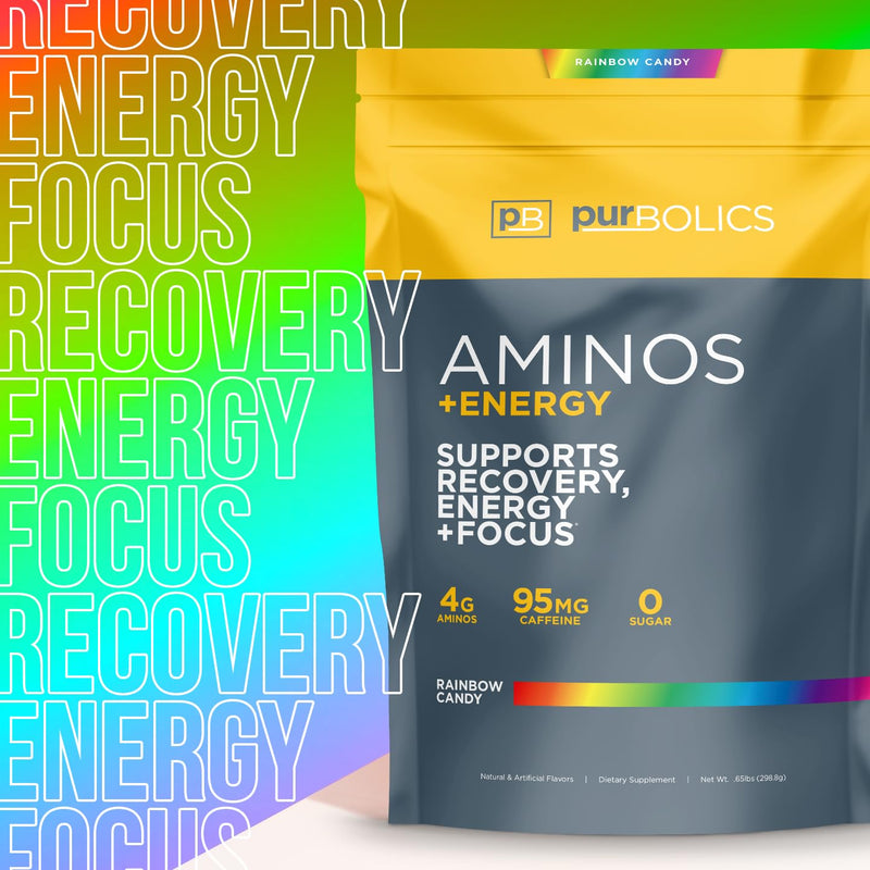 Purbolics Aminos + Energy | Supports Recovery, Energy & Focus | 95mg of Caffeine, 0 Calories & 60 Servings (Rainbow Candy) Rainbow Candy - BeesActive Australia