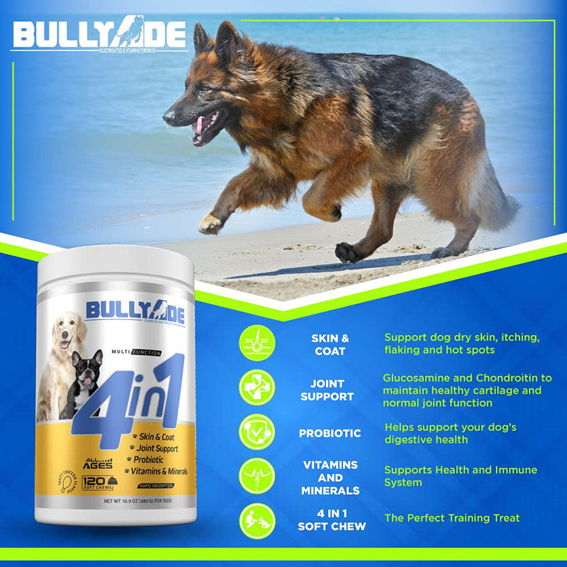 Bullyade 4 in 1 - Probiotic, Joint Support, Skin & Coat, Multi-Vitamin Soft Chews for Dogs, 16.9 oz - BeesActive Australia