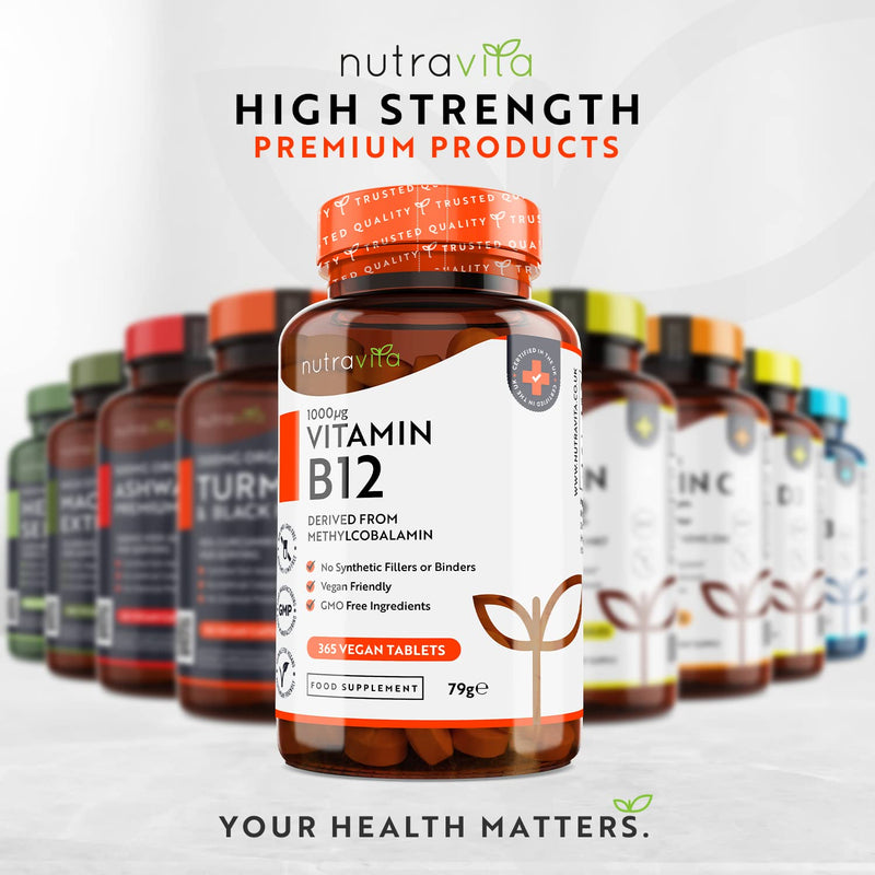 Vitamin B12 1000mcg - 365 High Strength Vegan Tablets (1 Year Supply) - Max Strength B12 Supplement - Contributes to The Reduction of Tiredness and Fatigue - Made in The UK by Nutravita 365 Count (Pack of 1) - BeesActive Australia