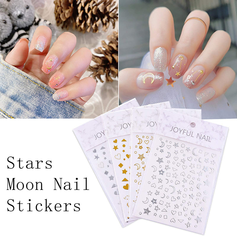 8 Sheets Stars Moon Nail Art Stickers 3D Metallic Self-Adhesive Gold Silver Geometry Star Moon Planet Nail Decals For Acrylic Nail Supplies DIY Manicure Nail Decoration Accessories - BeesActive Australia