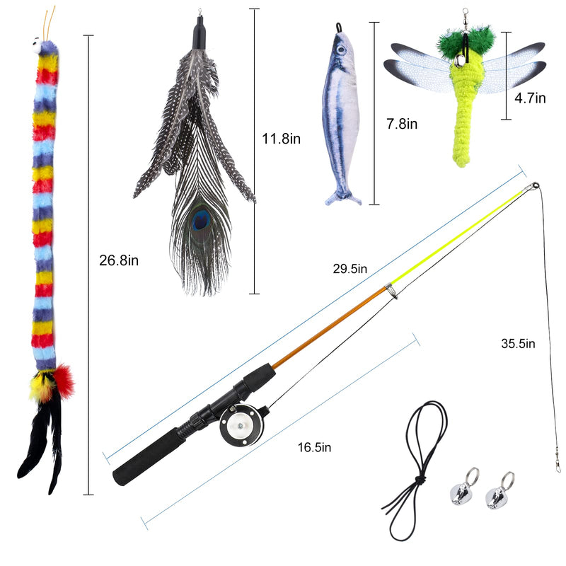 Cat Fishing Pole Toy, 1 Retractable Cat Wand 4 Replacement Attachments with Feathers Fish Dragonfly Caterpillar with Crinkle Paper Interactive Kitten Toys Gifts with Detachable Bells Nylon Rope 5PCS CAT FISHING POLE TOY - BeesActive Australia