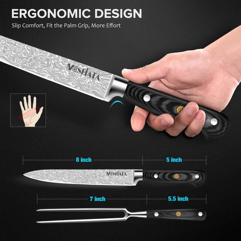MOSFiATA 8" Carving Knife and 7" Fork Set Brisket Slicing Knife Premium Meat Cutting Knife German High Carbon Stainless Steel EN.4116 BBQ knives for Slicing Meats, Fruits and Vegetables - BeesActive Australia