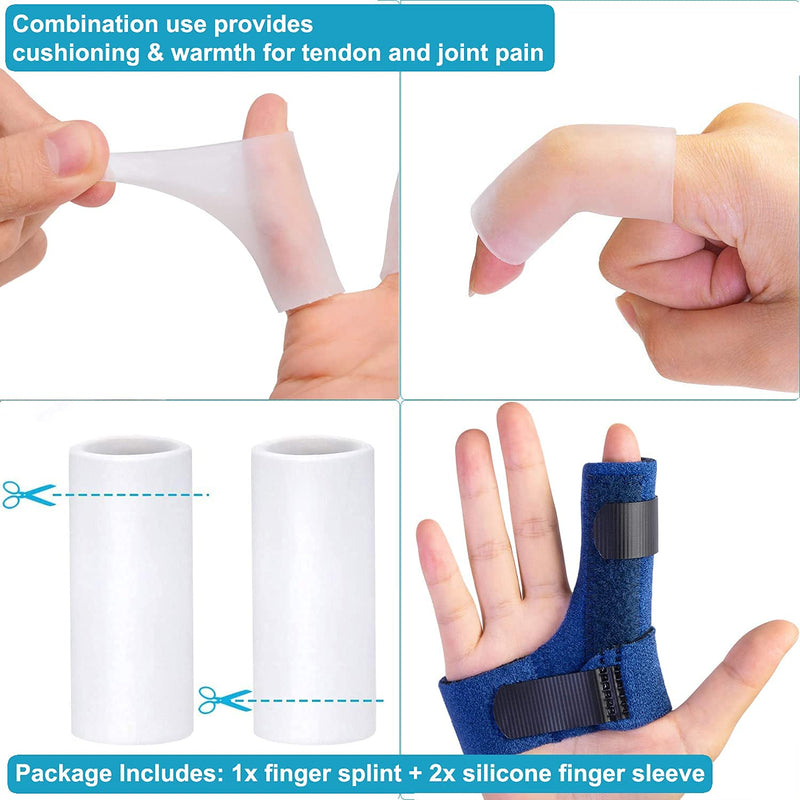 Sumifun Finger Brace for Hands, Finger Splints with 2 Gel Sleeves for Mallet Finger, Trigger Finger, Finger Supports with Built-in Aluminium Bar for Sprains, Pain Relief, Sports Injury, Blue Both Right Hand and Left Hand - Blue - BeesActive Australia