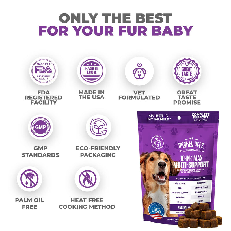 Mighty Petz MAX Dog Multivitamin + Probiotics + Glucosamine Chondroitin + Fish Oil + 15 More! Adult & Senior Dog Supplement Vitamins Chews to Support Hip & Joint, Skin + Coat, Digestion & Immunity - BeesActive Australia