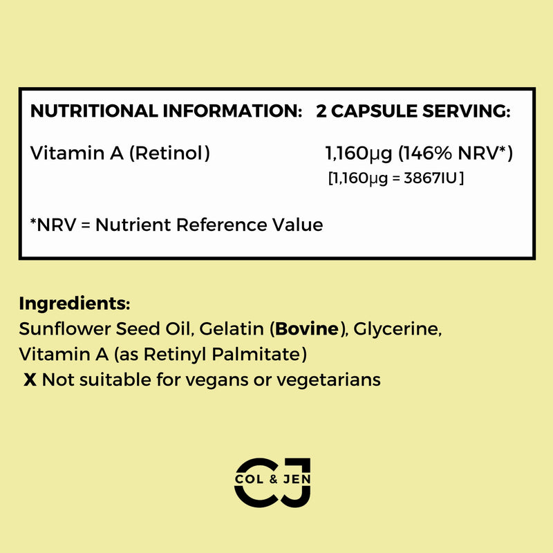Retinol Vitamin A Softgel Capsules - Contributes to The Maintenance of Normal Skin & Vision - 180 Pack - Easy to Swallow - Made by Col & Jen - UK - BeesActive Australia