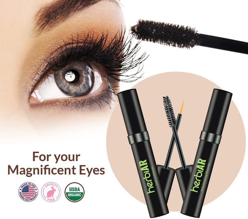 Natural Waterproof Mascara & Eye Lash Growth Serum Voluminous Smudge Proof Makeup Thick Long Lash Enhancer Jet Black Vegan & Cruelty Free (2 x 0.25 Fl Oz) Made in USA | Herbiar - BeesActive Australia