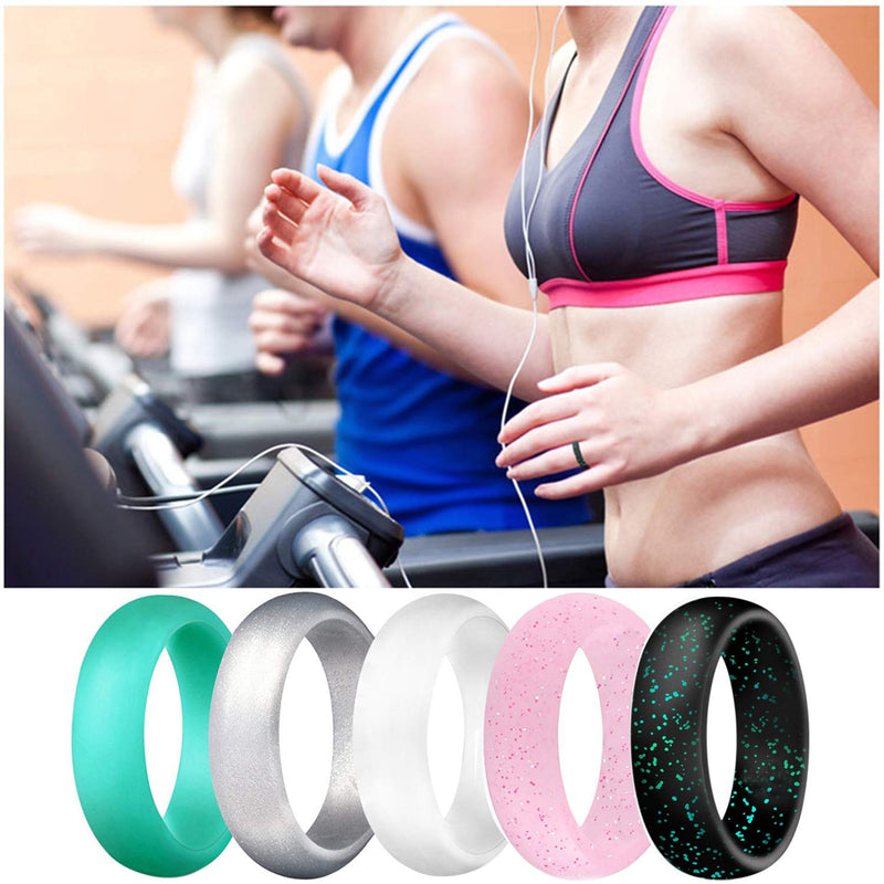 SkullParty Silicone Wedding Ring Bands for Women 10 Pack Size 5 6 7 8 9 Womens Thin Stackable & Flash Powder Rubber Wedding Band Rings 5.7mm & 3mm Wide - Pink Black Teal Metallic White Grey Mint Green 4.5 - 5 ( 15.5mm / 0.61inch ) - BeesActive Australia
