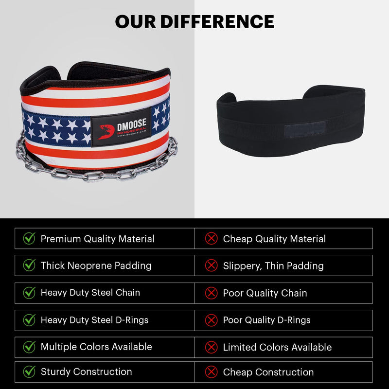 DMoose Dip Belt for Weightlifting, Weight Belt with Chain for Pullup, Gym Lifting Belt for Powerlifting, Squat, Bodybuilding, Heavy Duty Steel, Workout Belt with Comfortable Neoprene Support American - BeesActive Australia