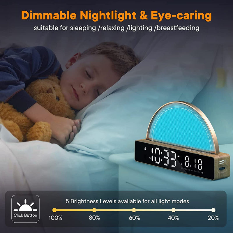 AFEXOA Sunrise Alarm Clock, Wake Up Light with Sunrise Simulation, White Noise Machine, Touch Control Bedside Lamps Dimmable Multicolor Night Light, 10 Nature Sounds, Snooze/Timer/Temperature Display Wooden - BeesActive Australia