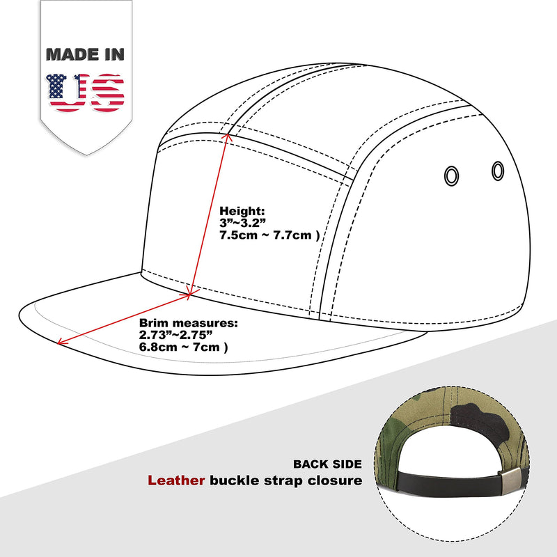 The Hat Depot Made in USA Cotton Twill 5 Panel Flat Brim Genuine Leather Brass Biker Board Cap Camo1 - BeesActive Australia