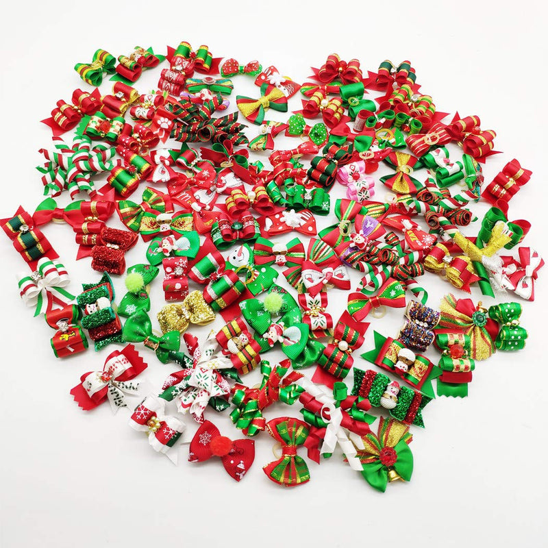 Hixixi 100pcs Dog Puppy Cat Christmas 3D Rhinestone Hair Bows with Rubber Bands Flat Pet Xmas Grooming Accessories - BeesActive Australia