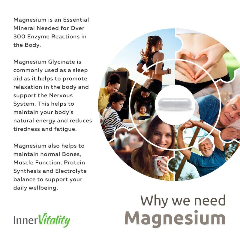 Magnesium Glycinate 180 Capsules (3 Month Supply) 280mg Elemental Magnesium - High Strength Easy to Absorb Magnesium Supplement with No Additives by Inner Vitality 180 Count (Pack of 1) - BeesActive Australia