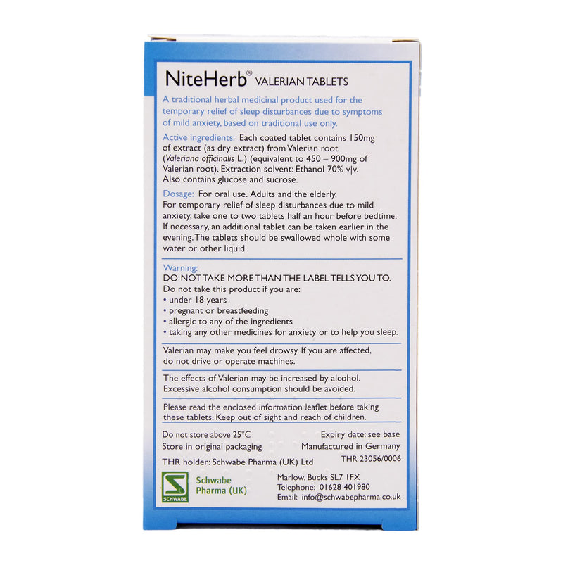 Schwabe Pharma - Niteherb - Valerian Root Extract 150mg - Traditionally used for Sleep Disturbances - Traditional Herbal Medicinal Product - 30 Tablets - BeesActive Australia