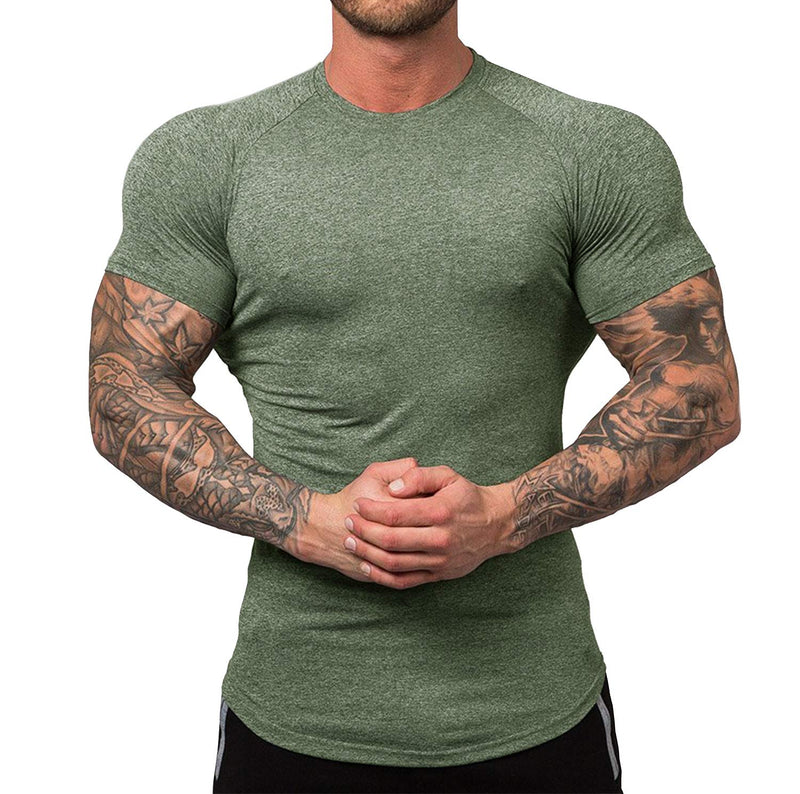 URRU Men's Quick Dry Workout T-Shirts Compression Athletic Baselayer Tee Gym Training Tops S-XXL Army Green Small - BeesActive Australia