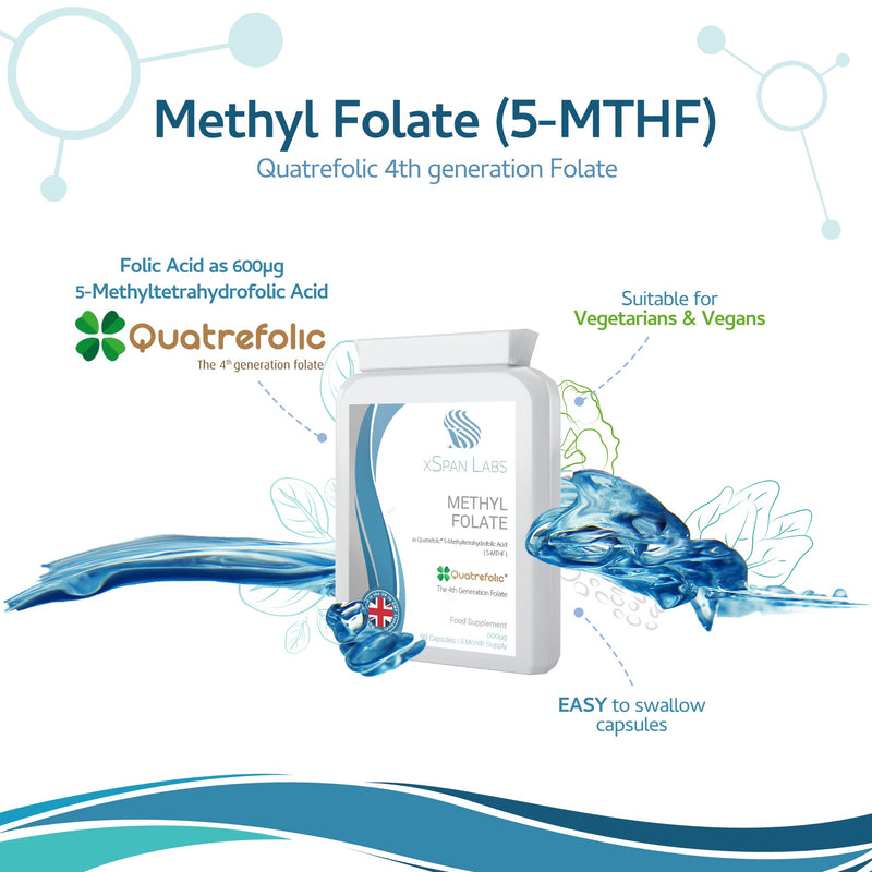 Methyl Folate 600�g - 90 Capsules as Quatrefolic 5-MTHF Supplement 6S-5-methyltetrahydrofolate � The 4th Generation of Folate a Highly bioactive Form of Folic Acid/Vitamin B9 � Made in The UK - BeesActive Australia