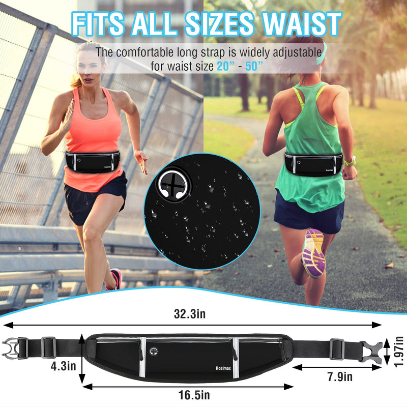ROSIMAX Running Waist Phone Bag Water Resistant Adjustable Outdoors Sport Running Belt Travelling Money Pouch Fanny Pack for Women Men Cell phone holder Runners Belts for Hiking Fits All Phones iPhone Samsung - Black - BeesActive Australia