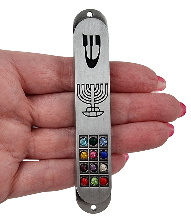 Pewter MEZUZAH Case with Scroll 12 Tribes of Israel Hoshen Design Seven Branch Menorah Judaica Door Mezuza 3.5 Inch - BeesActive Australia