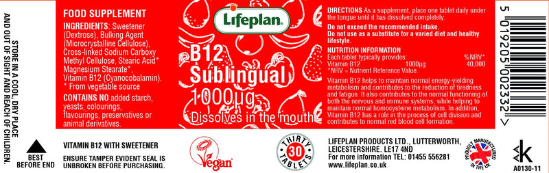 Lifeplan Vitamin B12 1000mcg. One month's Supply. Vegetarian & Vegan. Reduces Tiredness & Fatigue 30 Count (Pack of 1) - BeesActive Australia