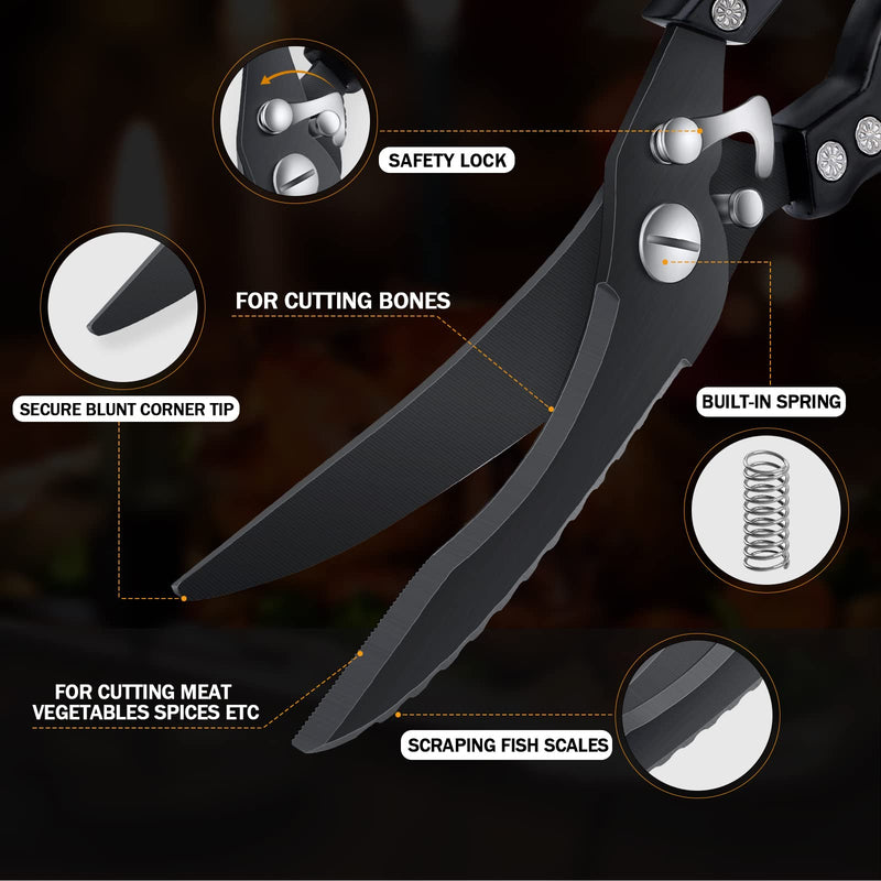 DRAGON RIOT Heavy Duty Poultry Shears Black with Serrated Edge - Kitchen Scissors for Chicken, Bone, Meat, Turkey, Fish, Vegetables Stainless Cooking Shears for Thanksgiving Christmas Day - BeesActive Australia