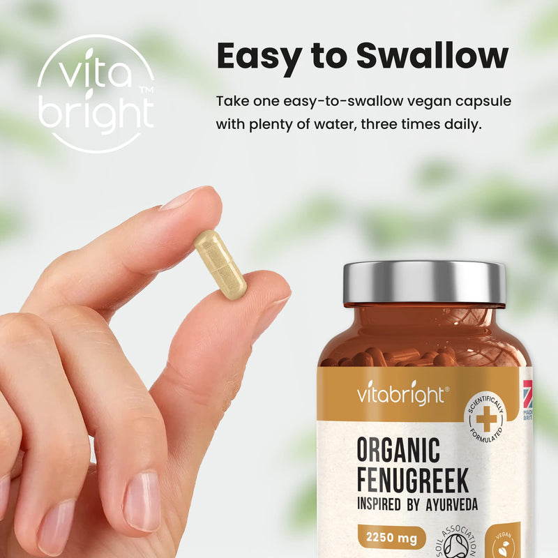 Organic Fenugreek Capsules - 2250mg High Strength - 180 Capsules (60 Day Supply) - Supports Healthy Blood Sugar Levels and Healthy Cholesterol Levels - Vegan - Made in The UK by VitaBright - BeesActive Australia