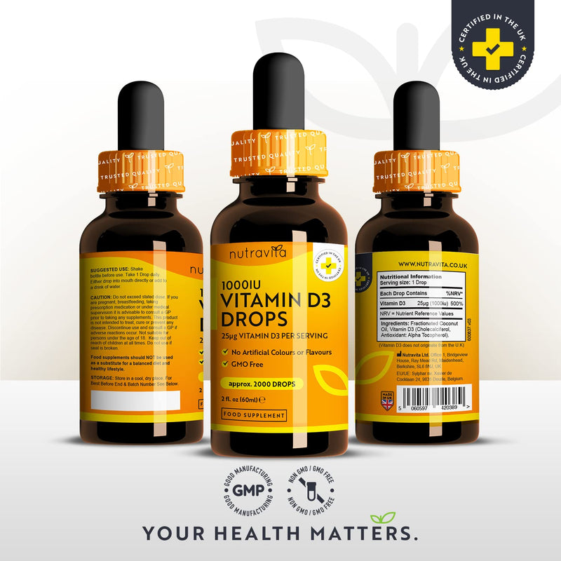 Vitamin D3 Drops 60ml (2000 Drops) � Vitamin D 1000IU per Drop � Flexible Dose of Liquid Vitamin D Supplement � Supports Normal Bones, Immune System & Calcium Absorption - Made in The UK by Nutravita - BeesActive Australia