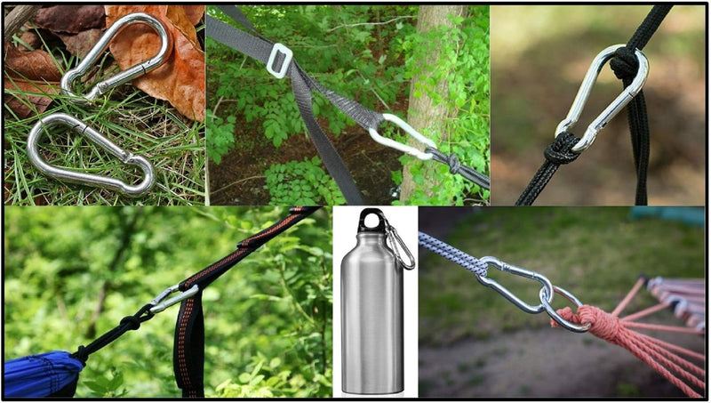 Branded Boards Heavy Duty Bushcraft Stainless Steel Carabiner Spring Snap Clip Link Hooks. 200-400lb Load. 6 Packs 12 Packs 5cm-6-pack - BeesActive Australia